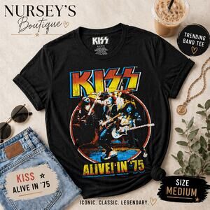 KISS Alive In '75 Graphic Tee Black Rock Band Shirt Size Large M NWOT